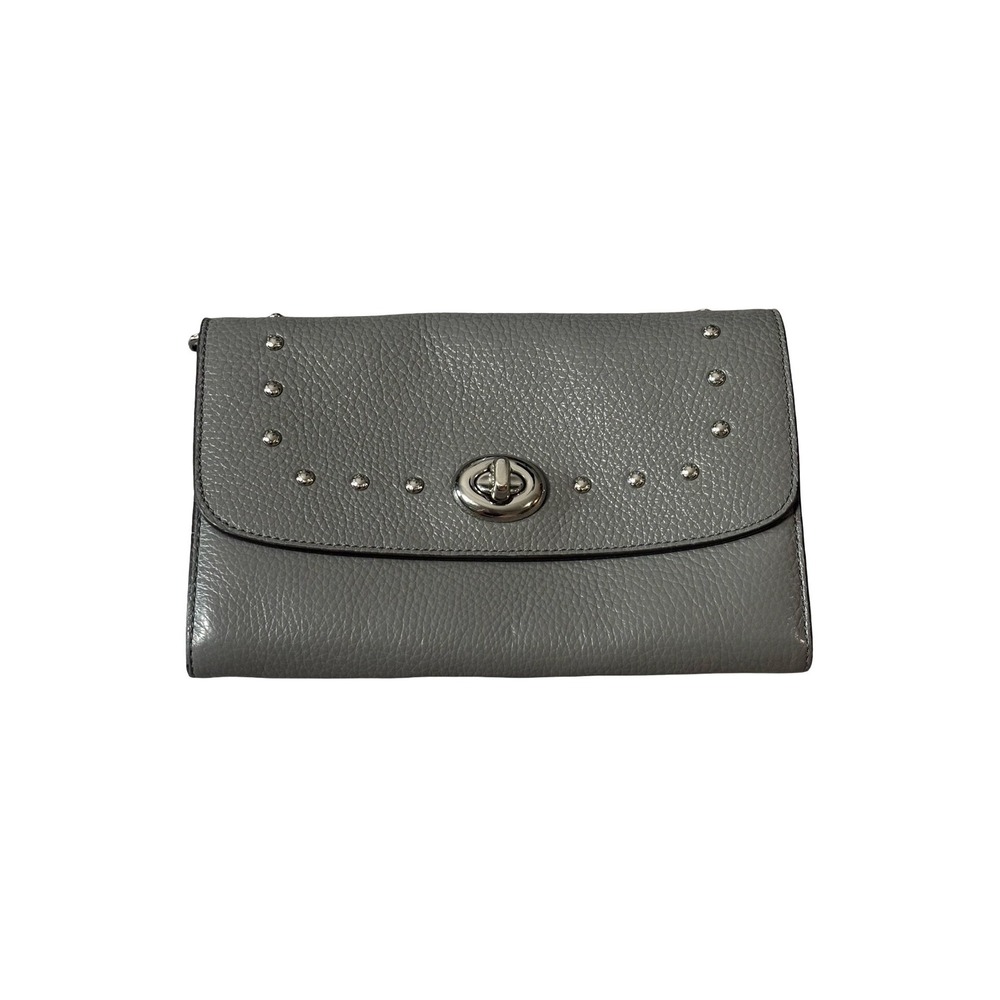 Coach Hayden Grey Studded Pebbled Leather Foldover Crossbody Clutch Bag